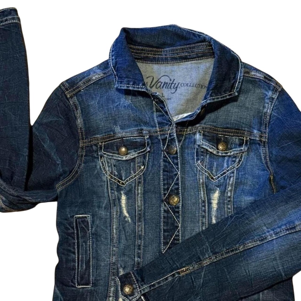 Vanity Distressed Dark Wash Stretch Denim Jacket Women Large Indigo Blue